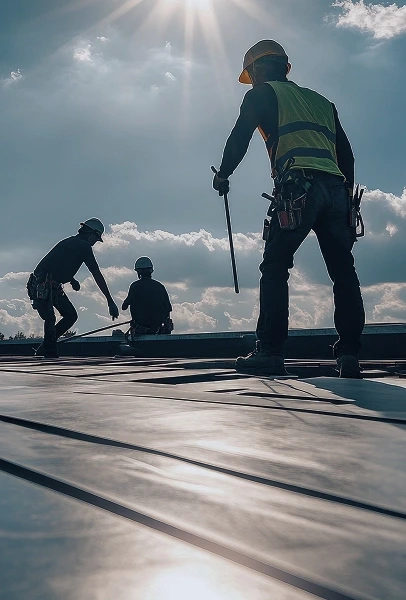 Ouvriers qui travaillent sur un toit plat